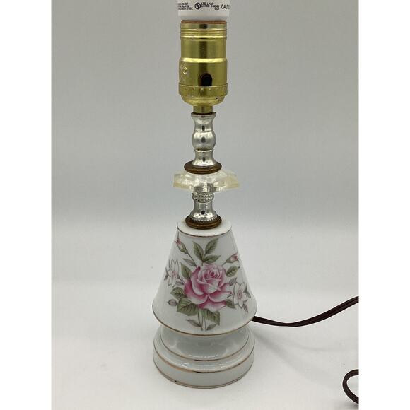 Vintage small PORCELAIN LAMP with PINK ROSES & FLOWERS on white. 13” H - Picture 1 of 4